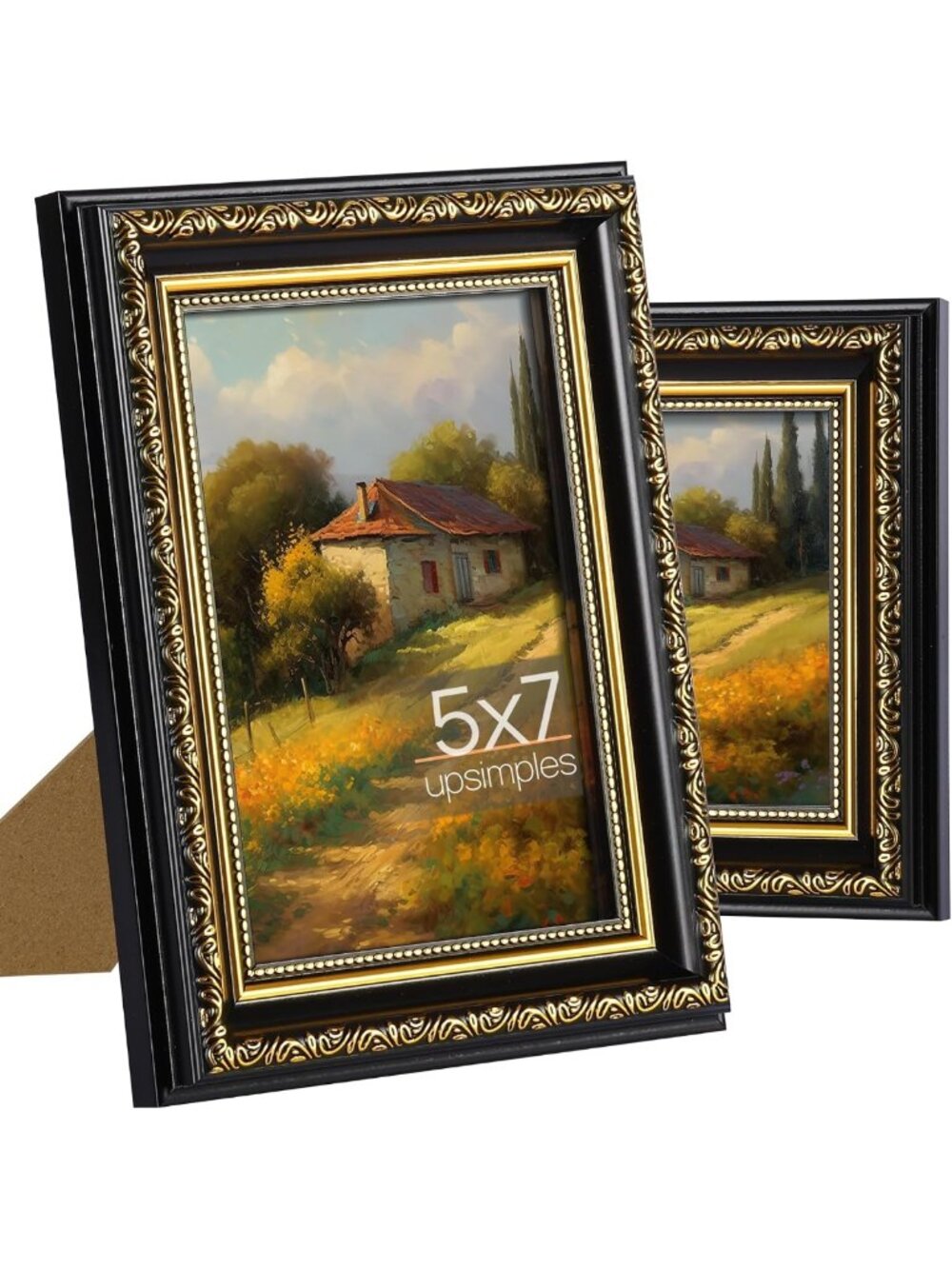 Vintage 5x7 Picture Frames with Real Glass - Ornate Black & Gold Decor, 2 Pack